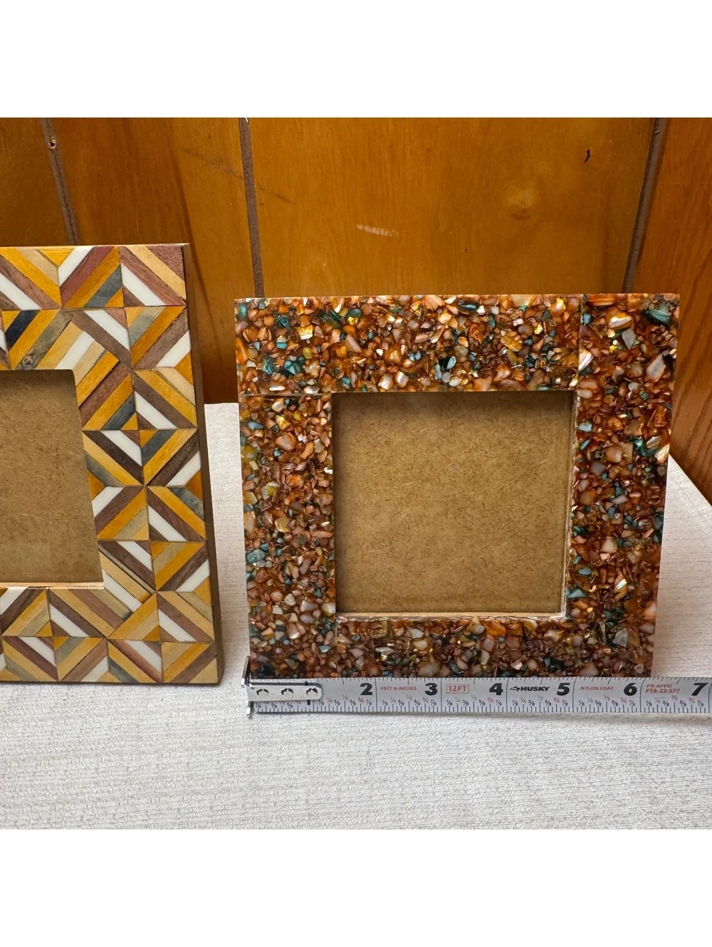 Set of 2 Artisan 4x4 Picture Frames Wood & Mosaic Inlay Boho Tabletop Decor